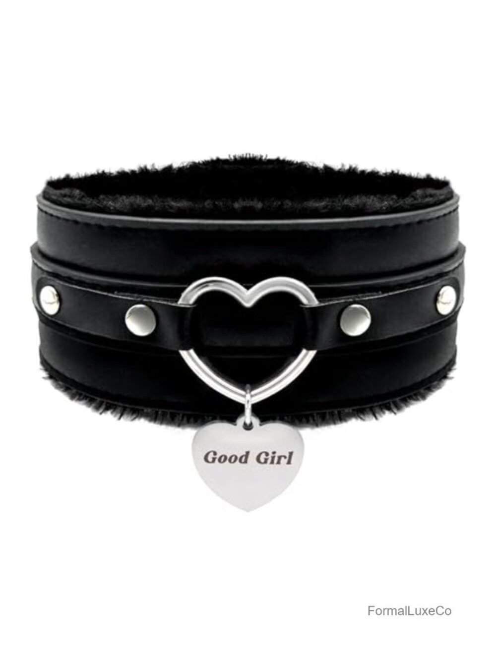 Faux Leather Furry Heart Choker Necklace - Custom Engraved Pendant, Adjustable